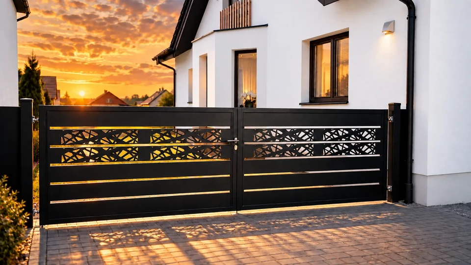 Hliníková dvojkrídlová brána s vypaľovaným pásom DECOR pred rodinným domom pri západe slnka
